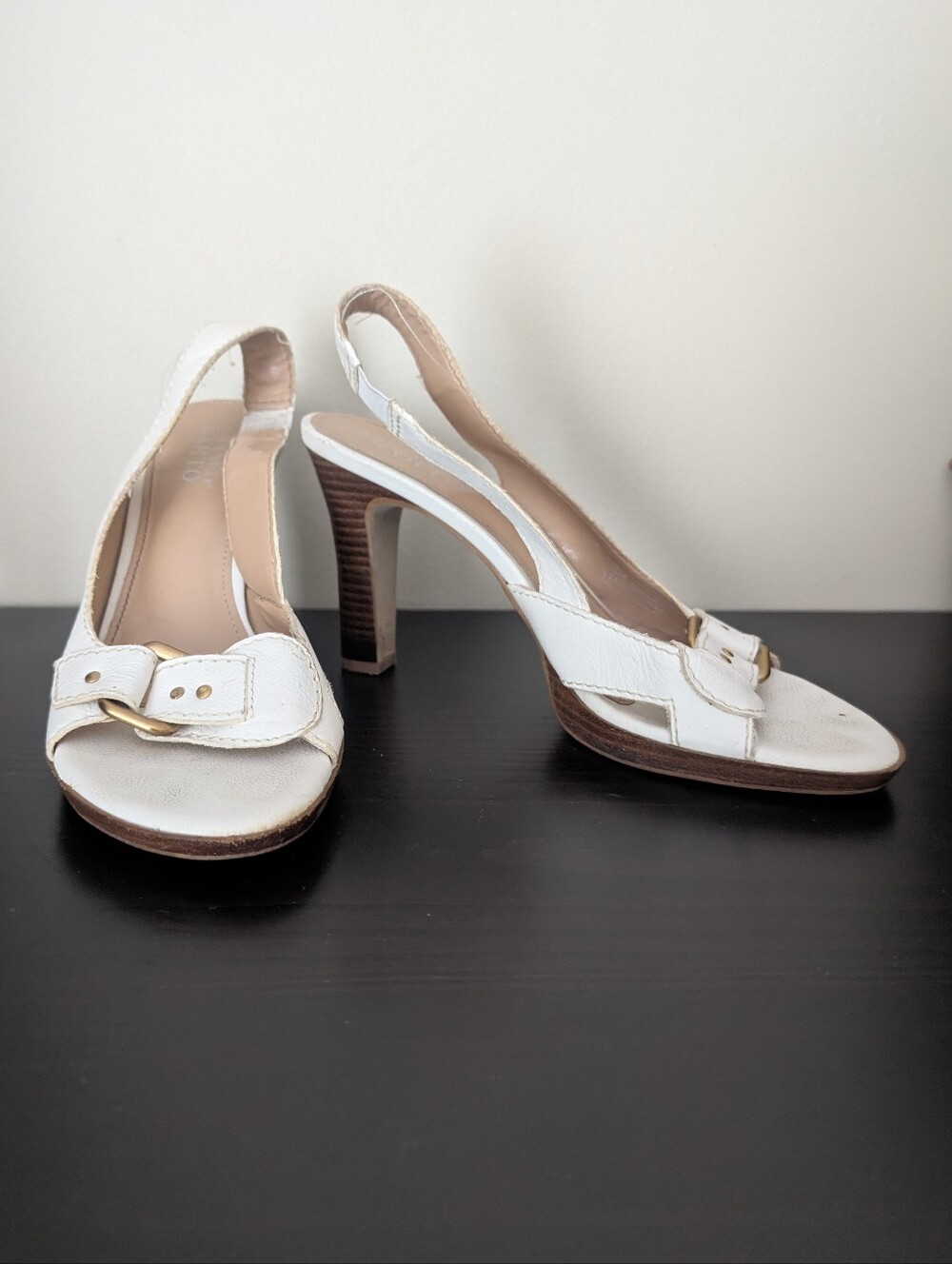 Franco Sarto White Leather Slingback Heels Women's 8.5 Open Toe Block Heel